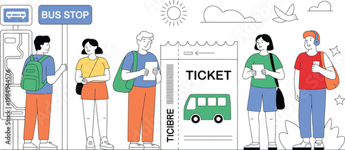 People waiting bus stop illustration, diverse passengers with tickets and backpacks at public transport station ready for travel and commuting.