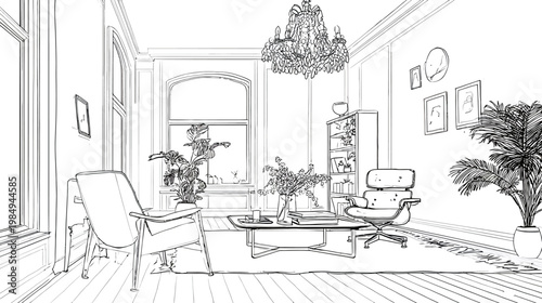 Elegant Modern Living Room Interior Line Art Illustration. Stylish Home Decor Design Concept Sketch with Contemporary Furniture