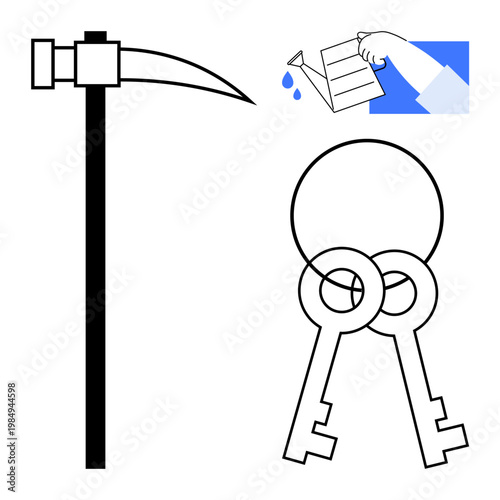 Agriculture, security, property access, manual labor, fluid dynamics, symbolic concepts. Scythe, keys and hand pouring liquid in a minimalist style. Agriculture and security
