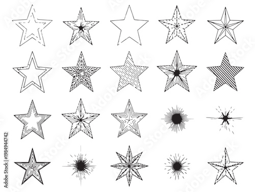 Varied geometric star shapes with intricate designs and different point counts Vector