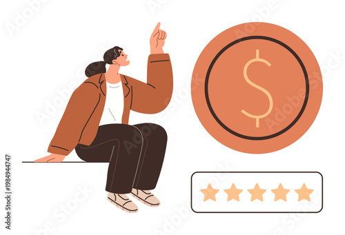Financial success, customer satisfaction, online reviews, service quality, money management, business growth. Person sitting and pointing to a dollar sign. Financial success and customer satisfaction