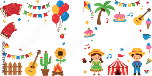 Festa Junina Brazilian Festival Vector Icon Set with Dancing Couple, Tent, Accordion, Balloons, Guitar, Cactus, Bonfire, and Bunting Decorations