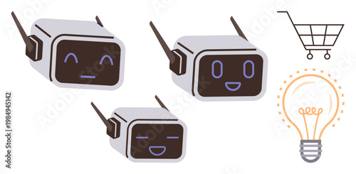 Artificial intelligence, chatbot communication, e-commerce, innovation, idea management, customer service. Three chatbot faces with varied expressions and shopping cart and lightbulb icons. AI