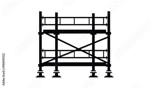 A stark black silhouette of a scaffolding structure is presented against a plain white background evoking industrial themes silhouette high quality professional detailed modern
