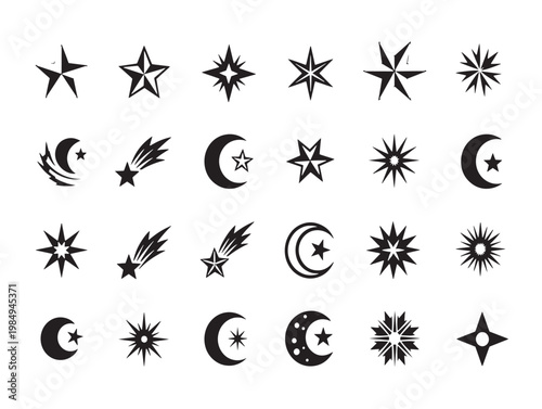 Collection of celestial and star symbols in black and white graphic style Vector