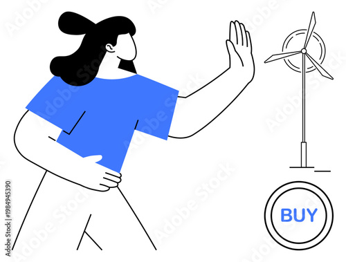 Sustainable energy, renewable resources, eco-friendly choices, green technology, environmental awareness, alternative power. Person gesturing toward a wind turbine and buy button. Sustainability