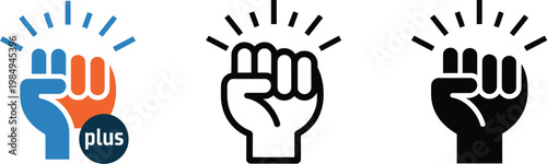 Fist power symbol icons illustration set, minimal outline design representing strength unity protest support in black and white vector.
