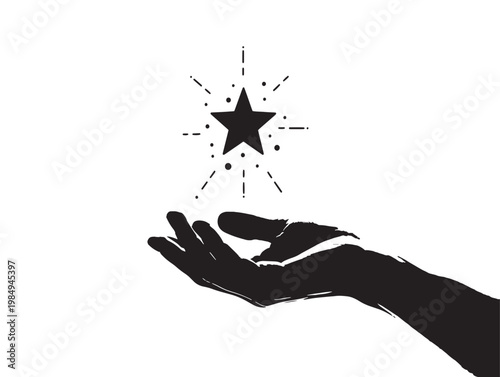 A hand gently holding a glowing star with radiating light beams. Vector