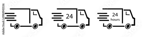 Banner Black Fast delivery icon set. Free shipping, express delivery, 24 hours, fast van. Truck symbol vector graphic