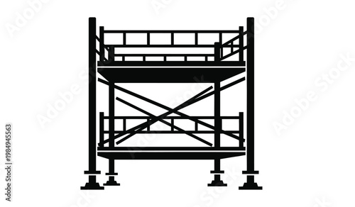 A stark black graphic displays a scaffolding structure composed of interconnected metal beams and platforms presented as a silhouette high quality professional detailed modern
