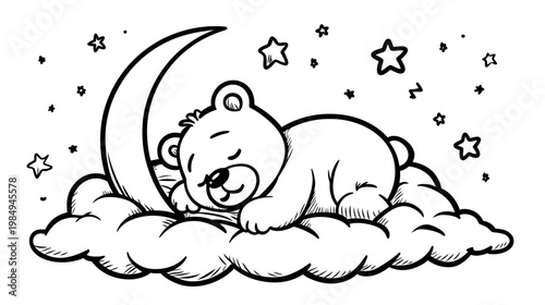 Cute cartoon bear sleeping soundly on a soft cloud with a crescent moon and twinkling stars. Sweet dream line art illustration for nursery decor.
