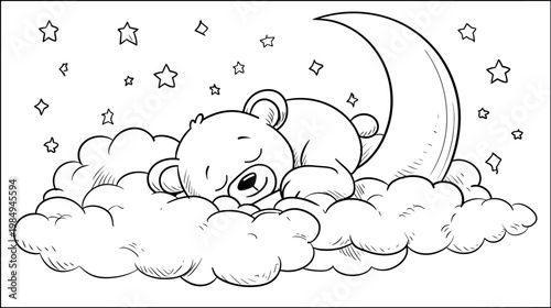 Cute baby bear sleeping peacefully on a fluffy cloud under a crescent moon and stars. Adorable children's line art illustration for coloring.