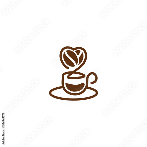 Coffee Cup Logo with HeartShaped Steam and Coffee Bean.