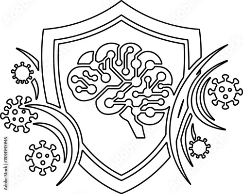 Detailed brain circuit shield icon for artificial intelligence security and neural networks