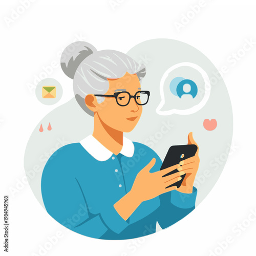A senior woman using her smartphone on transparent background