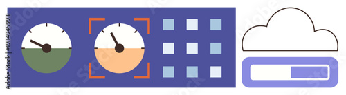 Data management, cloud storage, digital analytics, progress monitoring, system optimization, technology interface. Gauges, progress bar and cloud icon . Data management and cloud storage concept