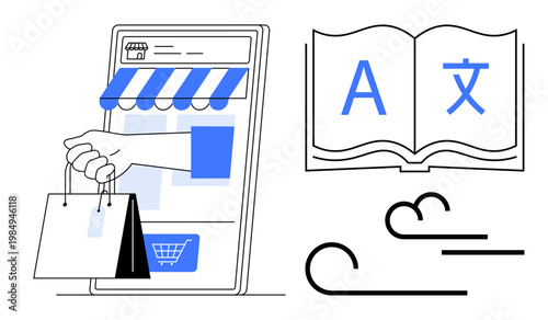 E-commerce, language services, globalization, online retail, translation technology, international communication. Smartphone screen with a shopping bag, open book with letters. E-commerce