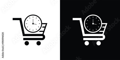 Shopping cart with clock icon representing timesensitive purchases and delivery.