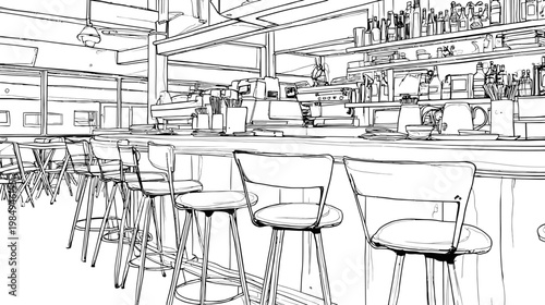 Modern bar interior sketch with empty stools and counter, hand-drawn line art illustration of a contemporary restaurant space
