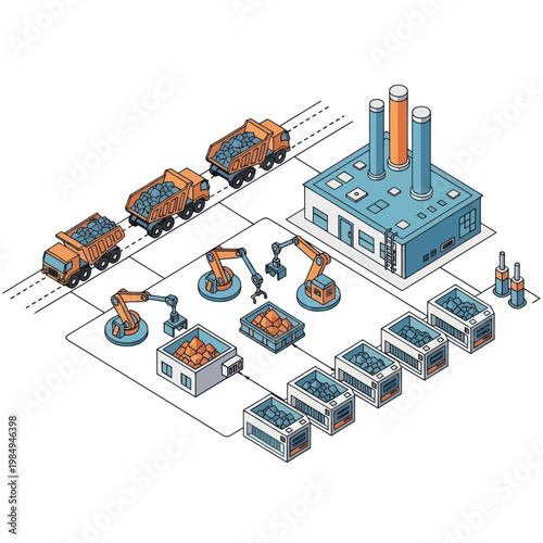 Isometric Industrial Process - Mining, Automation, and Manufacturing Illustration.