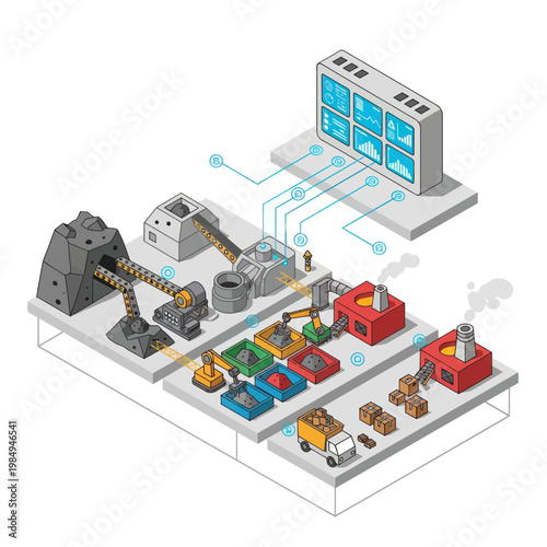Isometric Factory Automation System with Centralized Monitoring.