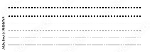 Collection of black solid, dashed, and dotted lines. Abstract dashed divider border. Vector design.