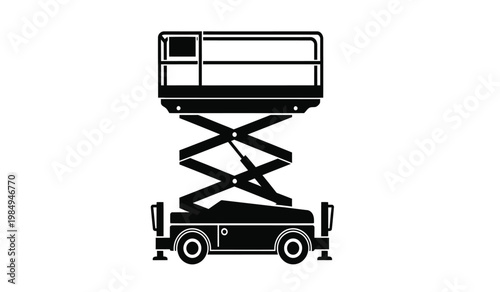 A stark black illustration depicts a scissor lift machine with a spacious platform showcasing industrial design a silhouette high quality professional detailed modern elegant