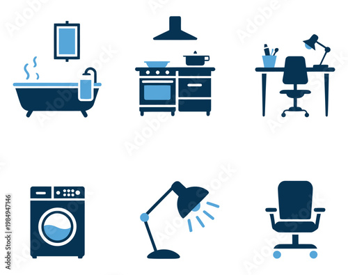 Illustrations of common household and office items in a minimalist style