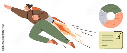 Productivity, success, goal achievement, motivation, personal growth, teamwork. Person flying with jetpack near pie chart and checklist. Productivity and success through dynamic elements