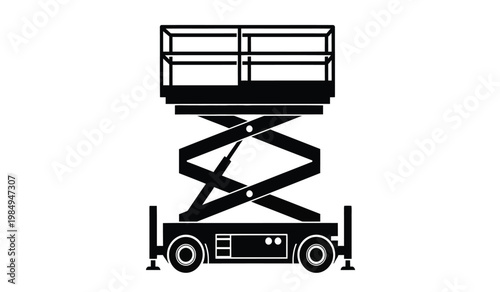 A stark black silhouette depicts a mobile elevating work platform showcasing its scissor lift mechanism and industrial design silhouette high quality professional detailed modern
