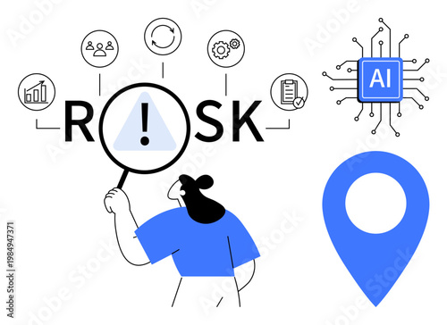 Risk management, AI technology, decision-making, data-driven insights, cybersecurity, business strategies. Person examining risk concept icons with magnifying glass and AI chip. Risk management