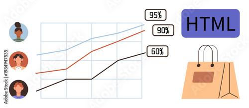 Business analytics, e-commerce insights, growth performance, technology integration, data trends, web development. Line graph trends, user profiles and HTML reference. Business analytics