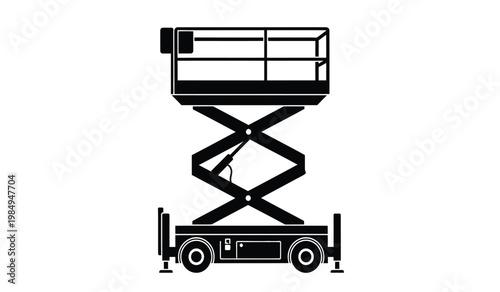 A stark black silhouette depicts a mobile elevating work platform commonly known as a scissor lift against white background silhouette high quality professional detailed