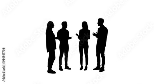 Four silhouettes engaged in a group discussion using smartphones isolated on transparent background, Vector