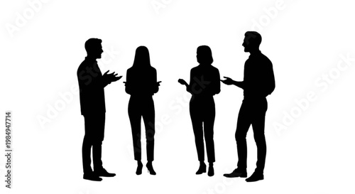 Four silhouetted people engaged in a group discussion with smartphones isolated on transparent background, Vector