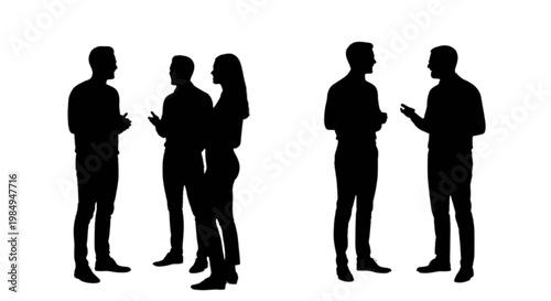 Four silhouettes engaged in a group conversation standing closely together isolated on transparent background, Vector