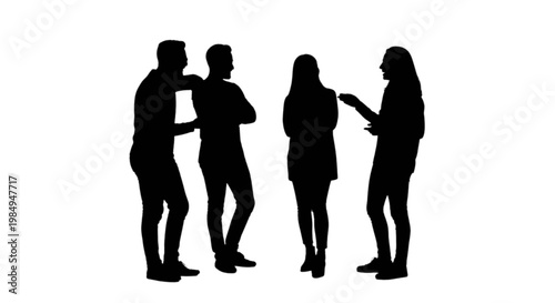Four silhouetted people engaged in a group conversation. isolated on transparent background, Vector