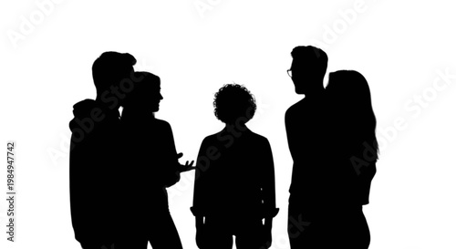 Family silhouettes standing closely together in conversation isolated on transparent background, Vector