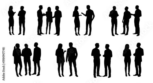 Diverse group of stylized silhouettes standing in various poses isolated on transparent background, Vector