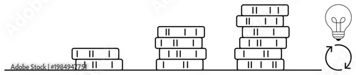 Financial growth. Stacked coins increasing wealth with a light bulb innovation. Financial growth through savings, investments, and smart economic decisions. Perfect for banking, investments, personal