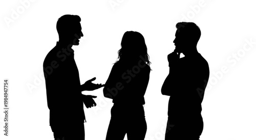 Three silhouettes engaged in a serious discussion together isolated on transparent background, Vector