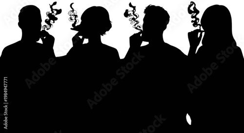 Four silhouetted figures smoking cigars in a stylized formation isolated on transparent background, Vector