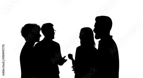Group of four people engaged in a conversation during an event isolated on transparent background, Vector