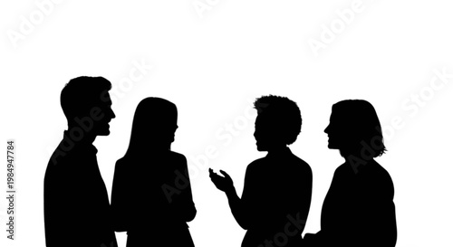 Group of four people engaged in a discussion isolated on transparent background, Vector
