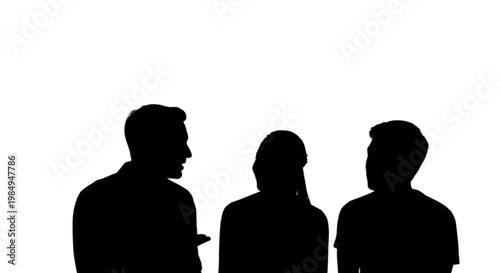 Three silhouettes of people standing closely together in conversation isolated on transparent background, Vector