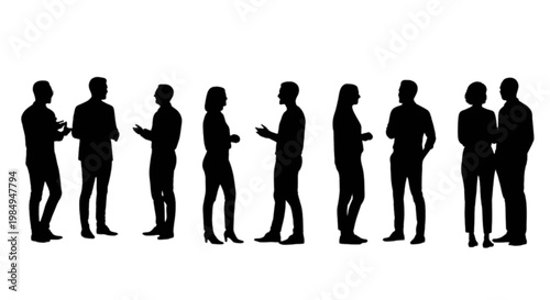 Silhouettes of people using smartphones in a casual group setting isolated on transparent background, Vector