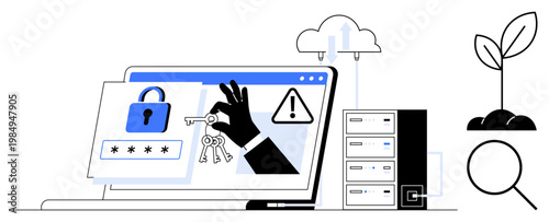 Cybersecurity, data protection, identity verification, online safety, cloud computing, networking. Hand holding keys over a laptop screen with lock icon. Cybersecurity and data protection