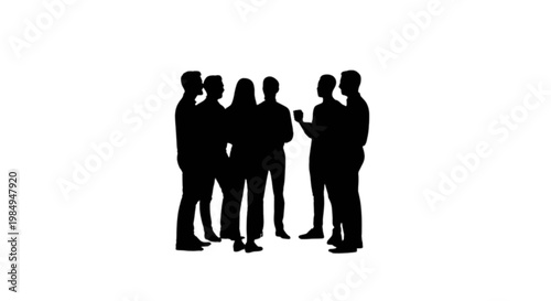 Group of five silhouetted people standing closely together in discussion isolated on transparent background, Vector