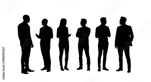 Group of silhouetted individuals using smartphones while standing together isolated on transparent background, Vector