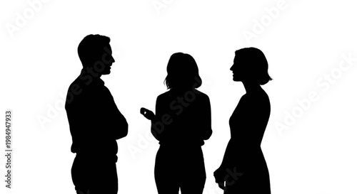 Three silhouetted figures engaged in a professional discussion isolated on transparent background, Vector